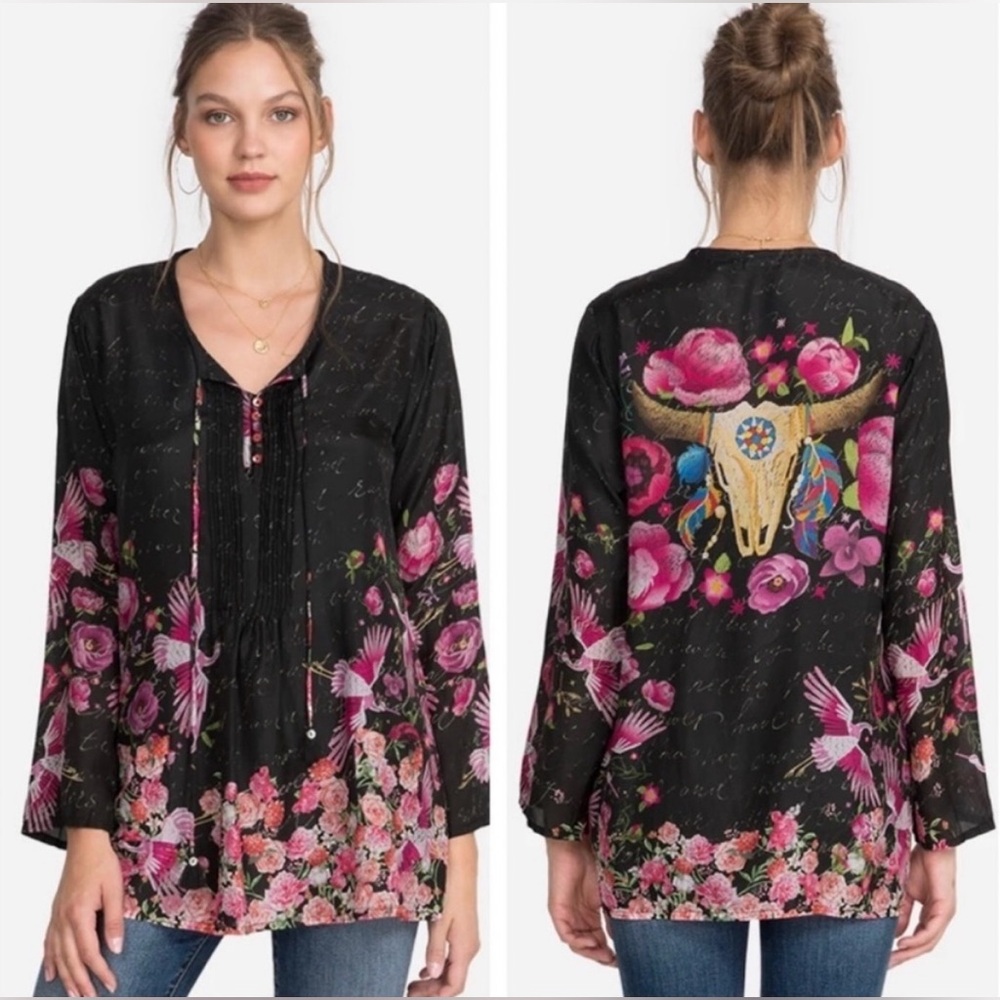 Johnny Was Nerissa 100% Silk Tunic Flower Longhorn Skull Blouse Size S, but big - Picture 8 of 9